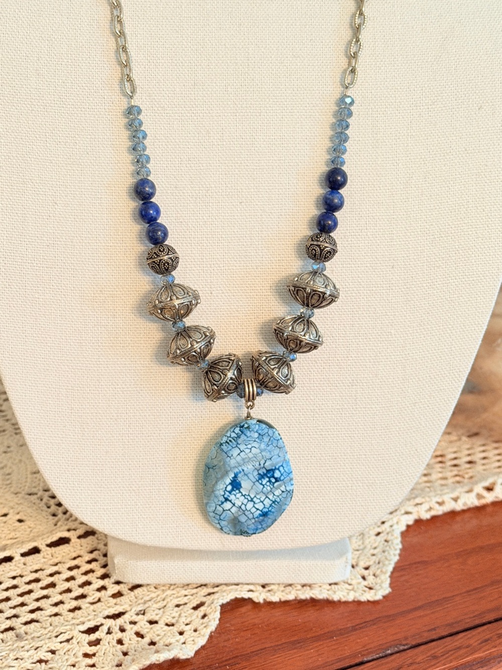 Handmade Blue Agate Pendant Necklace with Silver Accent Beads